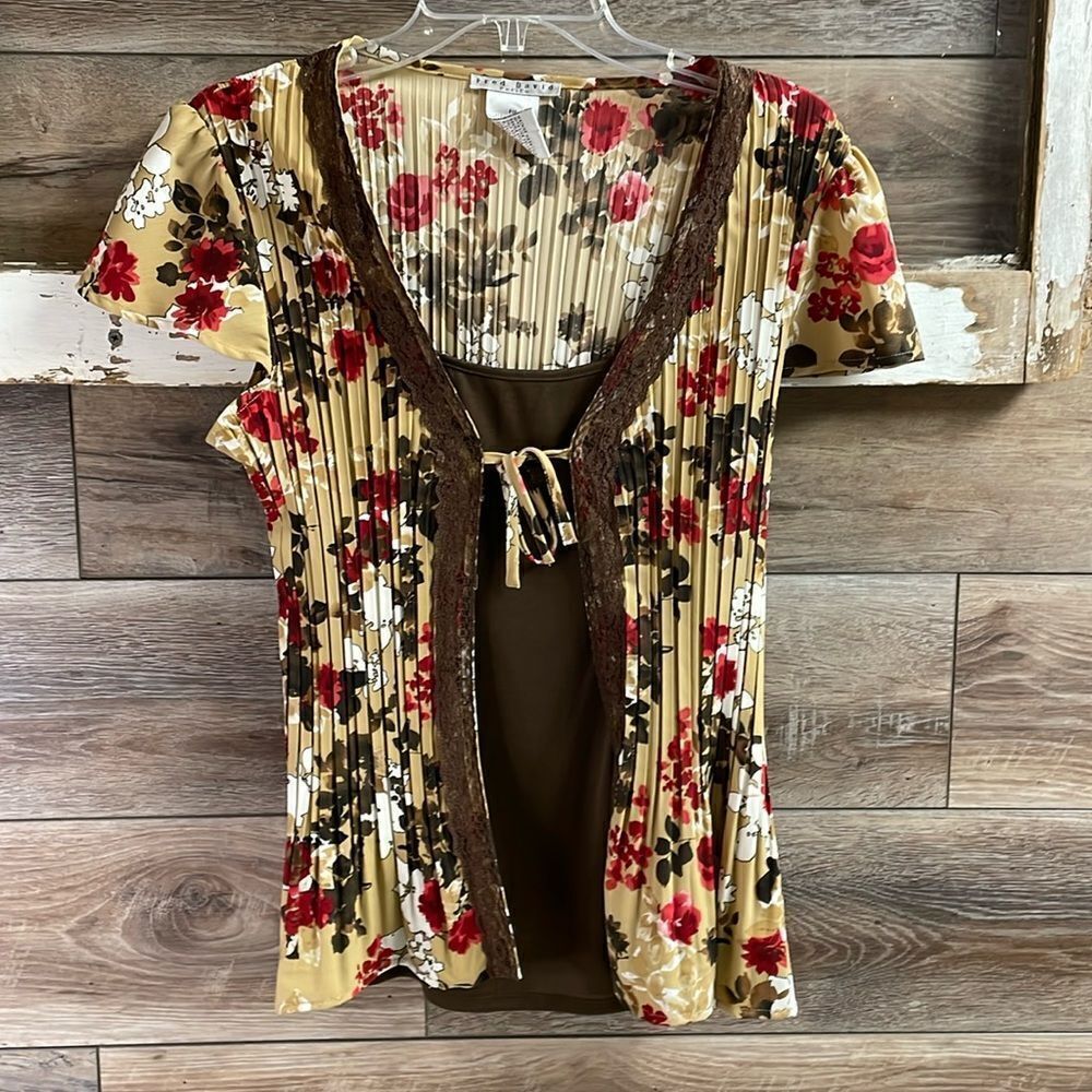 FRED DAVID Womens Petite Floral Blouse Faux Camisole Lace Trim Pleated Size PM